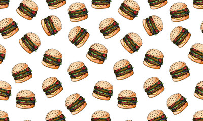 Seamless pattern with hand drawn cheeseburgers. Junk food, unhealthy eating concept. Realistic drawing of burger with meat, cheese slice and vegetables
