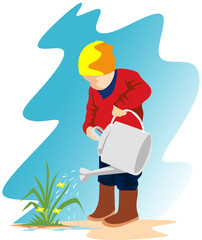 a boy watering the plant for background illustration and image