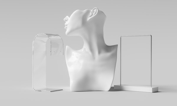 Mannequin earring Jewelry necklace display stand. Female Bust model. Jewelry showcase white background. 3d rendering.