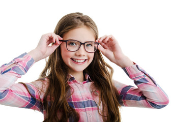 Cute little girl child preteen in eyeglasses education, school and vision concept isolated - 347714829