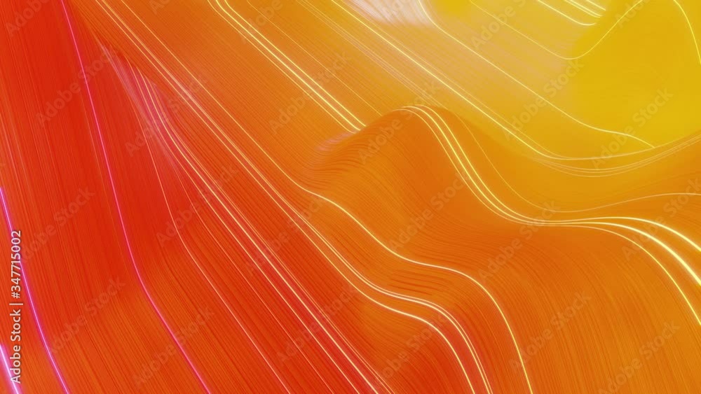 Poster beautiful abstract background of waves on surface, red yellow color gradients, extruded lines as str