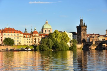 Beautiful Prague cityscape along Vltava river in spring 