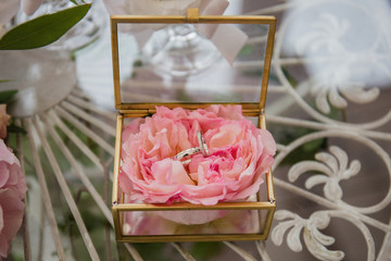 wedding gold rings in a beautiful glass box