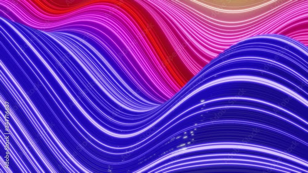 Poster beautiful abstract background of waves on surface, blue red color gradients, extruded lines as strip