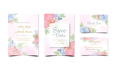 Set of pink floral wedding invitation with beautiful red and blue watercolor flowers