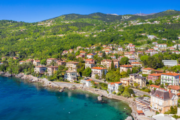 Naklejka na ściany i meble Croatia, beautiful town of Lovran, sea walkway, aerial panoramic view in Kvarner bay coastline, popular tourist destination