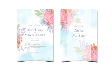 Set of abstract blue floral wedding invitation with beautiful red and blue flowers
