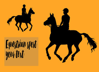 girl rides a horse at a gallop, children's equestrian sport, isolated black silhouette on a orange background, place for your text, postcard