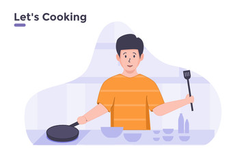 vector flat illustration people cooking at kitchen home to learn cook. man male cooking with frying pan and spatula. can be used for website banner poster infographic blog poster ui landing page. 