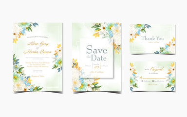 Set of abstract green floral wedding invitation with colorful flowers