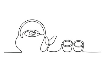 Continuous one line teapot with cups. Hand drawing art dinner theme with linear tea kettle and cups for logo. Simple sketch design isolated on white background. Vector illustration
