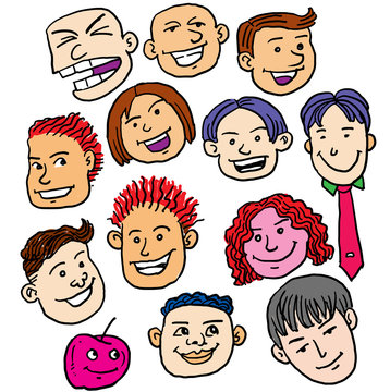 Cartoon collection of smiling faces, boy and girls
