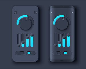 Neumorph UI kit on sample smartphone screen. Volume Knob with equalizer and switches. Dark color set. Skeuomorph Trend Design. Workflow UX smart technology applications. Vector illustration.