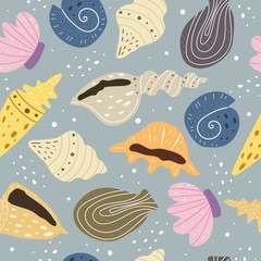 Seamless pattern with cartoon shells, decor elements on a neutral background. colorful vector. hand drawing, flat style. design for fabric, print, textile, wrapper