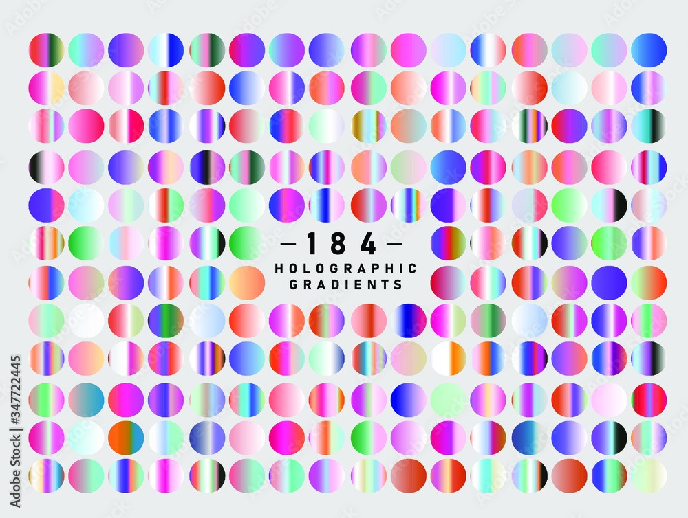 Poster set of chromatic holographic gradients. retrofuturistic iridescent swatches in style of 80's.