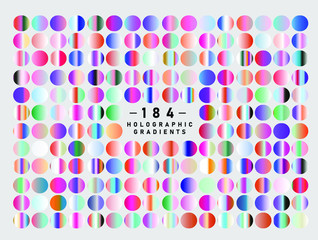 Set of chromatic holographic gradients. Retrofuturistic iridescent swatches in style of 80's.