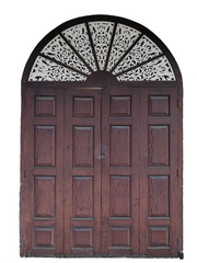 Old wooden door At the ancient gingerbread house,isolated on white background, Lampang, Thailand