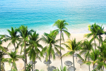 Palm trees, ocean waves and beach, Acapulco, Mexico