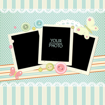 Vintage background with retro photos, lace and buttons