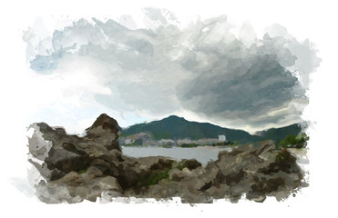 Digital painting. Watercolor landscape. Cliffs, sea and mountains in cloudy weather.