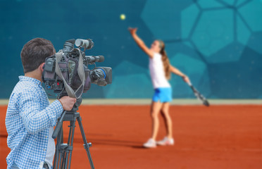 Cameraman shooting live broadcast from sport game to television and internet on the background...