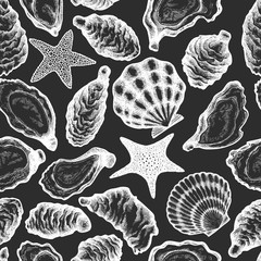 Oysters seamless pattern. Hand drawn vector illustration. Seafood background. Can be used for design menu, packaging, recipes, label, fish market, seafood products.