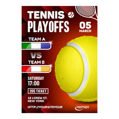 Tennis Racquet Sport Hit Ball Game Poster Vector. Yellow Ball Equipment On Bright Advertising Announcement Banner. Court For Player Exercise Training Color Concept Layout Illustration