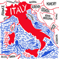 Vector hand drawn stylized map of Italy. Travel illustration of Italian Republic shape and neighboring countries. Hand drawn lettering illustration. Europe mediterranean map element