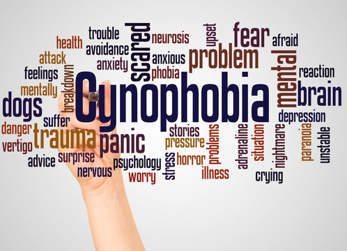 Cynophobia fear of dogs word cloud and hand with marker concept