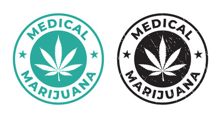 Vector green and black cirlce logos. Medical marijuana with marijuana leaf. Isolated on white background.