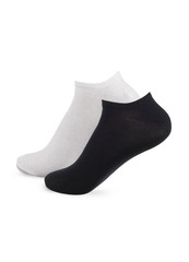 Set of socks white and black color isolated on white background. One pair of socks in different colors. Sock for sports on invisible foot as mock up for advertising, branding, design.