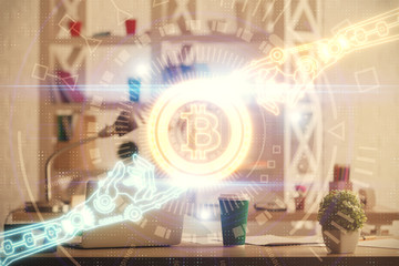 Double exposure of crypto technology theme drawing and office interior background. Concept of blockchain.