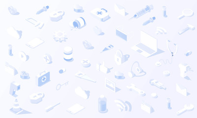 Medical healthcare Medical and Technology tool Social media monitoring concept in isometric background vector design.