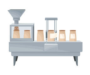 Roasted Coffee Beans Sorting in Paper Bags with Conveyer Belt Vector Illustration
