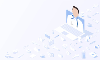 Consult a doctor Social media channels Medical Technology tool monitoring concept in isometric background vector design.