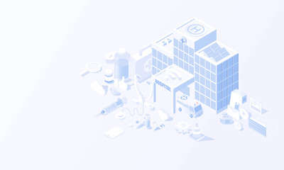 Hospital of Healthcare and innovative technology apps for medical exams and online Medical Technology tool monitoring concept in isometric background vector design.