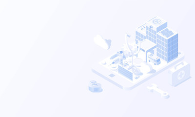 Hospital of Healthcare and innovative technology apps for medical exams and online Medical Technology tool monitoring concept in isometric background vector design.