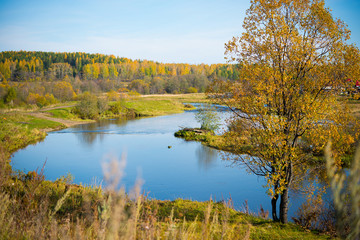 Autumn landscape, view of the river and forest, nature of the middle Urals, Siberia
