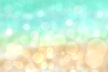 Abstract blurred fresh vivid spring summer light delicate pastel gold yellow turquoise bokeh background texture with bright circular soft color lights. Card concept. Beautiful backdrop illustration.