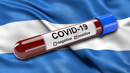 Obraz premium Flag of Nicaragua waving in the wind with a positive Covid-19 blood test tube. 3D illustration concept for blood testing for diagnosis of the new Corona virus.