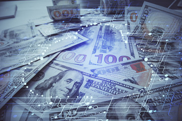 Double exposure of data theme drawing over us dollars bill background. Technology concept.