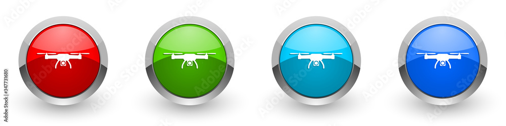 Poster Drone silver metallic glossy icons, copter, aerial camera concept set of modern design buttons for web, internet and mobile applications in four colors options isolated on white background