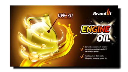 Engine Synthetic Oil Advertising Banner Vector. Car Motor Lubricant Oil Blank Plastic Package, Flow And Splash With Bubbles On Creative Promo Poster. Colored Mockup Realistic 3d Illustration
