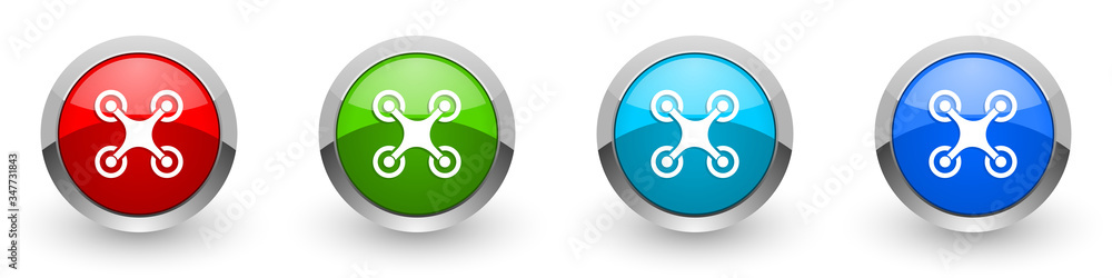 Poster Drone silver metallic glossy icons, copter concept set of modern design buttons for web, internet and mobile applications in four colors options isolated on white background