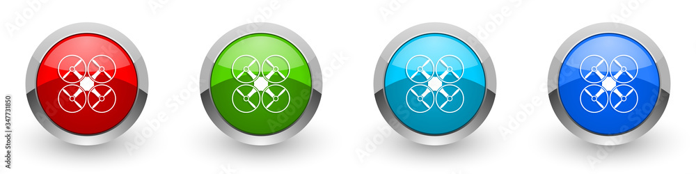 Poster Drone silver metallic glossy icons, copter concept set of modern design buttons for web, internet and mobile applications in four colors options isolated on white background