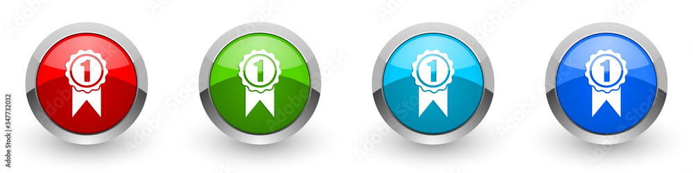 Aufkleber Victory silver metallic glossy icons, first, winner concept set of modern design buttons for web, internet and mobile applications in four colors options isolated on white background