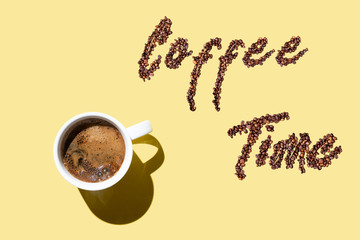 coffee on a yellow background, coffee cups, flat lay
