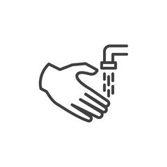 Hand and water tap line icon. linear style sign for mobile concept and web design. Hands washing step outline vector icon. Coronavirus prevention symbol, logo illustration. Vector graphics
