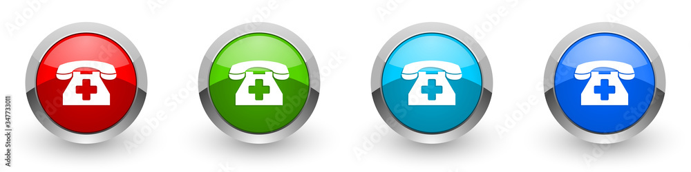 Poster Emergency call silver metallic glossy icons, phone concept set of modern design buttons for web, internet and mobile applications in four colors options isolated on white background