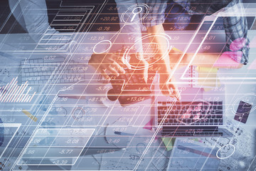 Double exposure of man and woman working together and data theme hologram drawing. Computer background. Top View.
